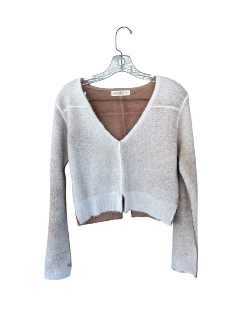 NATURAL LIFE Fuzzy V-Neck Sweater - Size Small - White & Beige - Picture 3 of 10
